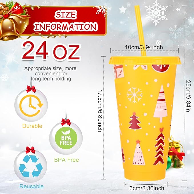 Honeydak 50 Pcs 24oz Christmas Cup Bulk Gift Tumbler with Straw and Lid Coffee Cups with Lids Holiday Gifts Bulk Reusable Plastic Water Bottle Iced Coffee Travel Mug for Party Birthdays - Image 4