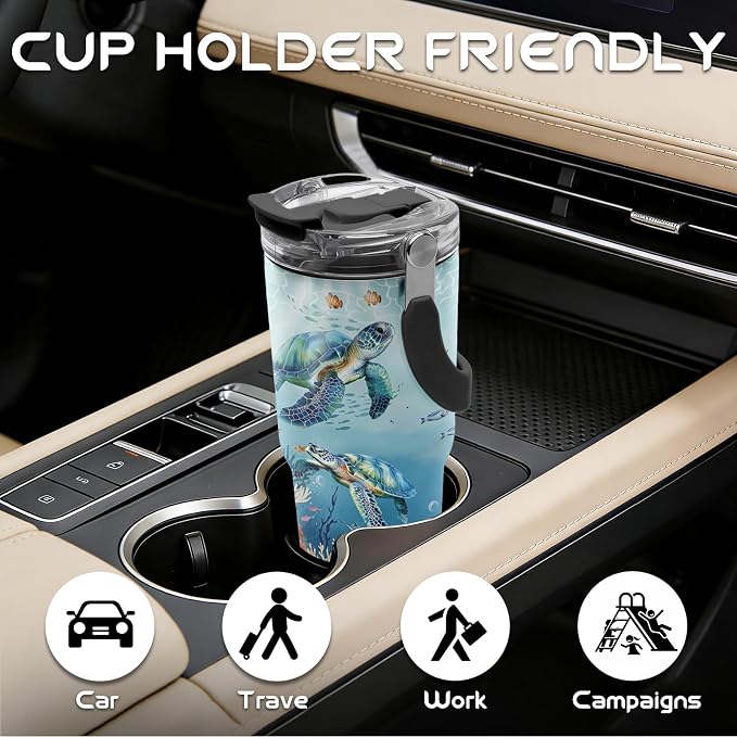 20oz Turtle Tumblers - Sea Turtle Tumbler with Straw Handle, Leak-proof, BPA-free, Double Wall Insulated, Turtles Gifts for Cat Lover, Insulated Coffee Tumbler Ocean Stainless Steel Cup for Kids - Image 4