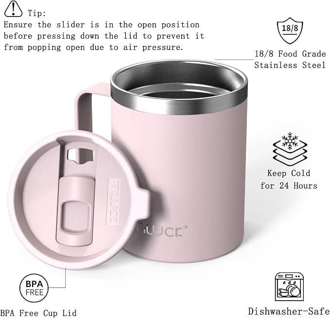 TILUCK 12 oz Insulated Coffee Mug with Lid, Double Wall Vacuum Insulated Travel Mug Cup with Handle for Hot or Cold Drinks（12oz，Matte LightPink） - Image 2