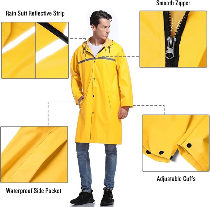 Mens Long Hooded Safety Rain Jacket Waterproof Emergency Raincoat Poncho - Image 3