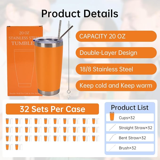 IEOVIEE 32 Pack, 20oz Stainless Steel Bulk Tumblers with Lids and Straws, Double Wall Insulated Travel Coffee Mug, Durable Powder Coated Tumbler Bulk Cup for Cold and Hot Drinks(Orange) - Image 2