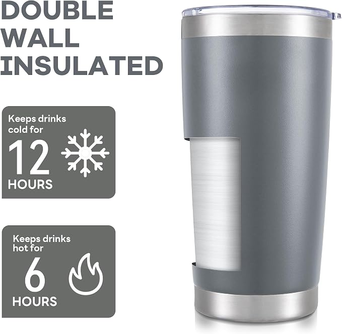 20 oz Tumbler with Lid Stainless Steel Insulated Tumblers Bulk Double Wall Vacuum Cups Powder Coated Travel Mug Keep Drinks Cold and Hot, Grey, 12 Pack - Image 3