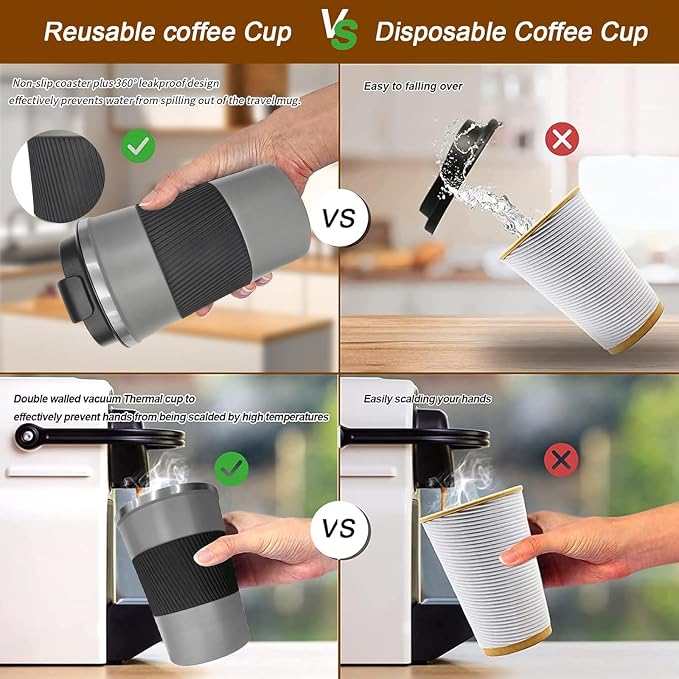 YINBAOGE Insulated Travel Coffee Mug, Spill & Leak Proof, Portable To Go Camping Stainless Steel Coffee Tumbler, Reusable Thermal Coffee Cup with Lid for Hot & Cold Drinks (Grey, 17 OZ) - Image 4
