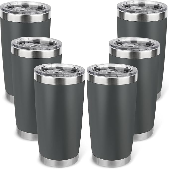 20oz Stainless Steel Tumbler Bulk with Lid, Travel Mug - Double Wall Vacuum Powder Coated Cup - Grey, 6 Pack by Unknown