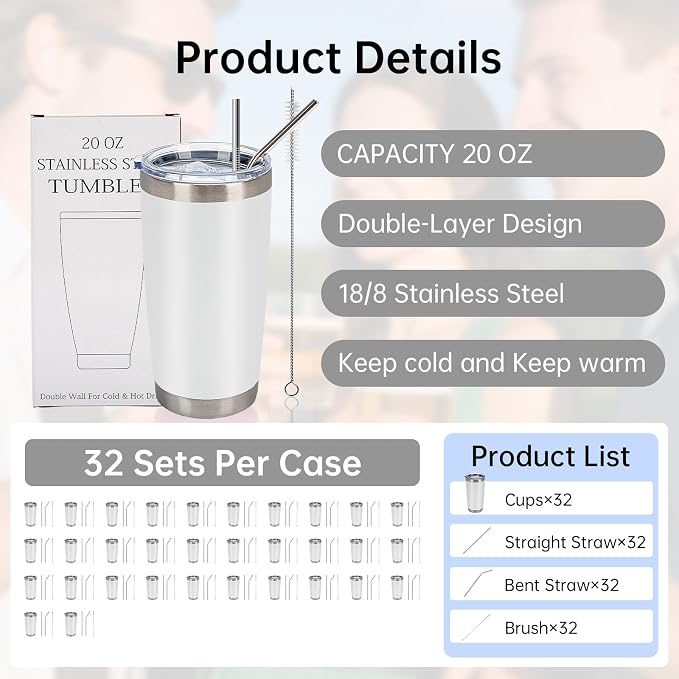 IEOVIEE 32 Pack, 20oz Stainless Steel Bulk Tumblers with Lids and Straws, Double Wall Insulated Travel Coffee Mug, Durable Powder Coated Tumbler Bulk Cup for Cold and Hot Drinks(White) - Image 2
