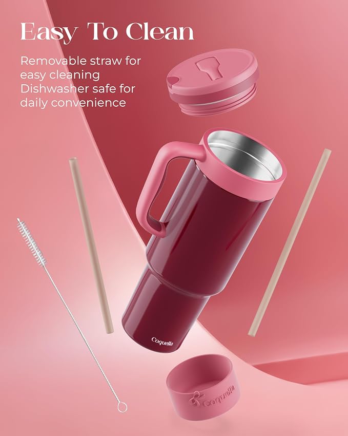 40 oz Insulated Tumbler with Handle and Push-Button Straw Lid, Stainless Steel Travel Cup for Gym Office, Leakproof, BPA-Free, Cup Holder Friendly, Bow Silicone Boot, Red (Wine Burgundy) - Image 6