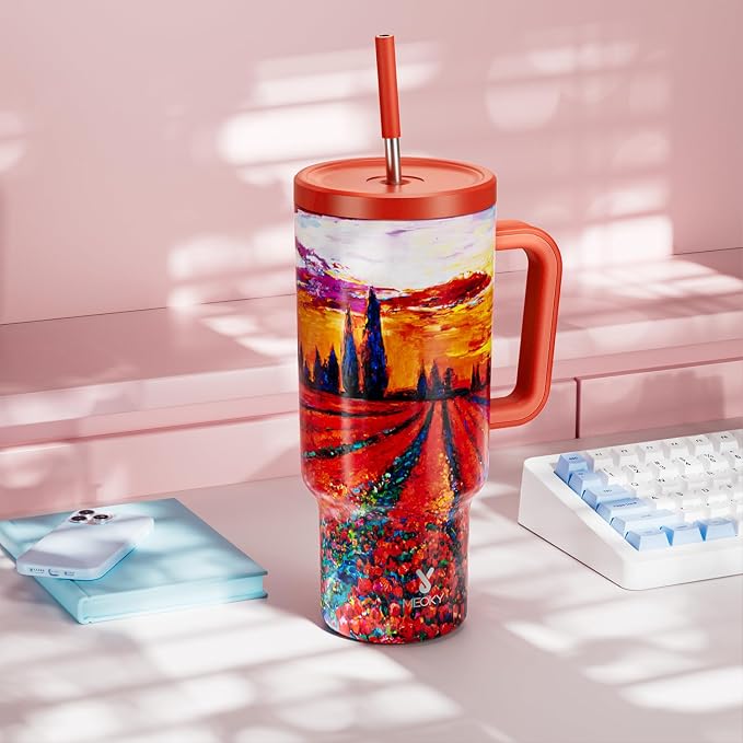 Meoky 40 oz Tumbler with Handle and Straw: Stainless Steel Insulated Tumbler with Lid and Straw - 100% Leak Proof Tumbler for Car Cup Holders - Travelers Commuters Workers, Red Floral - Image 7