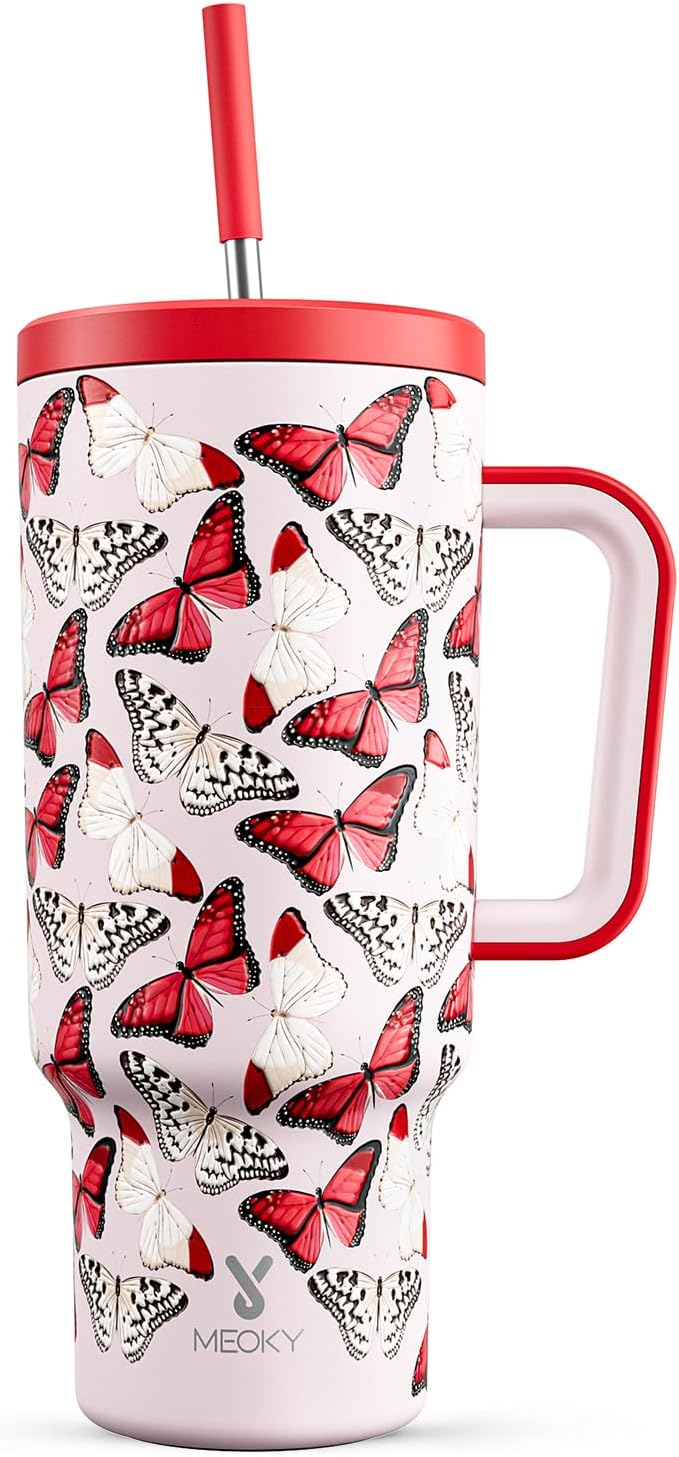 Meoky 40 oz Tumbler with Handle and Straw: Stainless Steel Insulated Tumbler with Lid and Straw - 100% Leak Proof Tumbler for Car Cup Holders - Travelers Commuters Workers, Red Butterfly by MEOKY