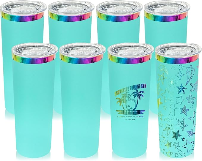 20 oz Skinny Tumblers Stainless Steel Tumbler with Lid and Straw Double Wall Vacuum Insulated Coffee Mug 20oz Powder Coated Cup for Hot and Cold Drinks(Mint Green,8 pack) by FunTrans