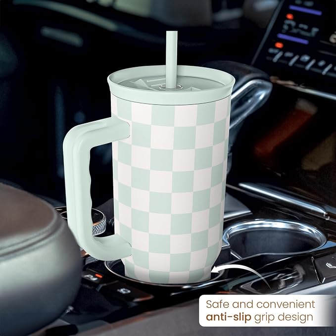 Checkered Tumbler with Handle 40oz, Mint Checker Cup Stainless Steel Insulated Tumblers Coffee Travel Mug Cups with Straw, Gifts for Women Girls Teen Birthday Christmas - Image 6