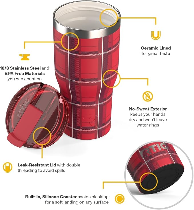 RTIC 30oz Essential Tumbler with Lid, Ceramic Lined, Insulated, Stainless Steel, Metal, Double Wall Vacuum-Insulation, Travel Cup for Iced Coffee, Tea, Hot and Cold Drink, Red Plaid - Image 4