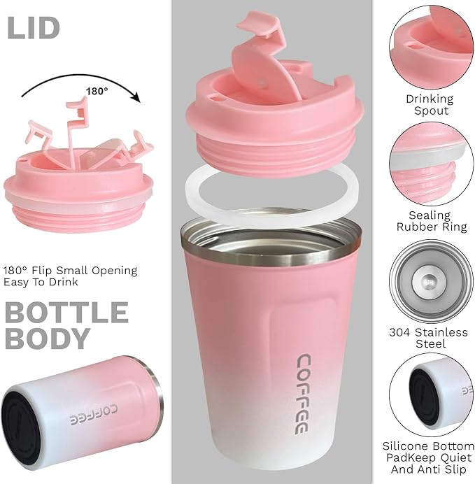 YINBAOGE Insulated Travel Coffee Mug, Spill & Leak Proof, Portable To Go Camping Stainless Steel Coffee Tumbler, Reusable Thermal Coffee Cup with Lid for Hot & Cold Drinks (2nd-Pink White, 12 OZ) - Image 2
