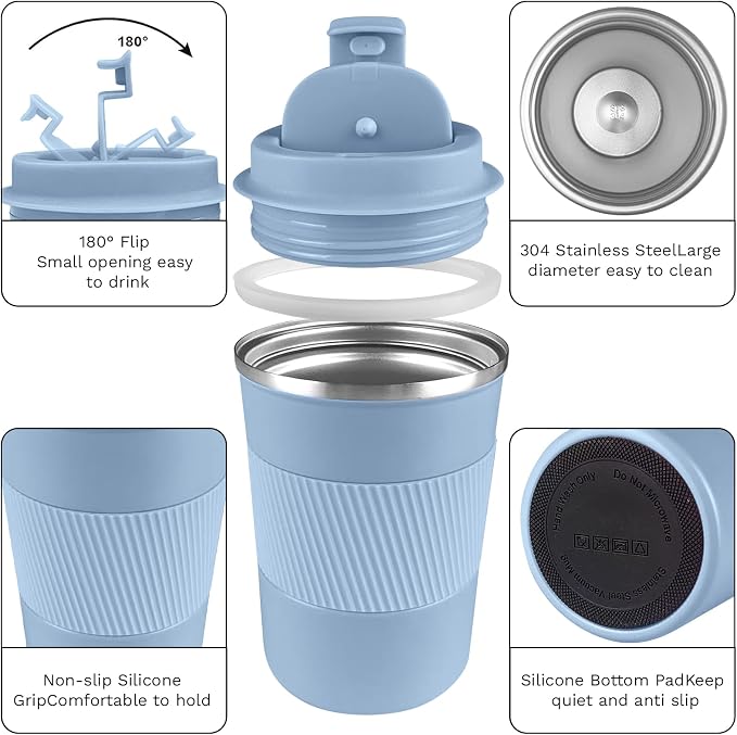 YINBAOGE Insulated Travel Coffee Mug, Spill & Leak Proof, Portable To Go Camping Stainless Steel Coffee Tumbler, Reusable Thermal Coffee Cup with Lid for Hot & Cold Drinks (Light blue, 12 OZ) - Image 2