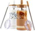 Pandaloo® Glass Cups With Lids and Straws -20 Fl Oz- Perfect Size Iced Coffee Cup - Smoothie Cup With Bamboo Lid and On the go Lid - Glass Tumbler (2 Count (Pack of 1), Amber Sand-Coton White) by Pandaloo
