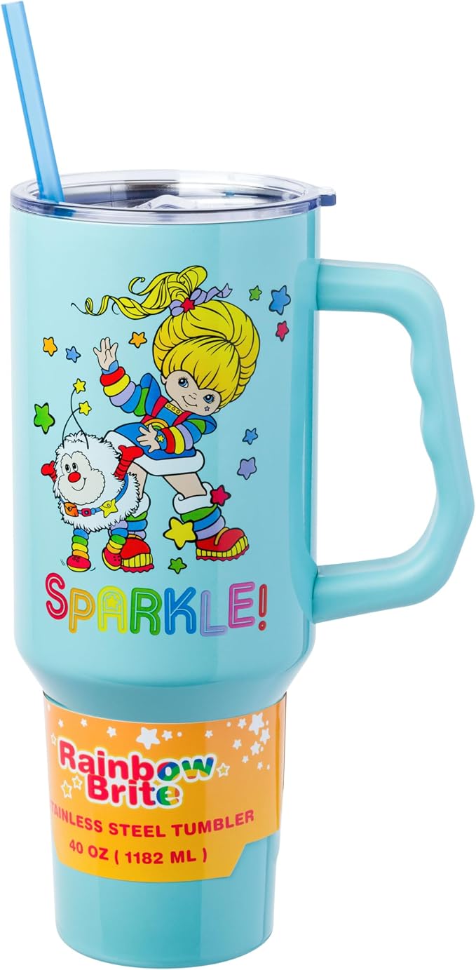 Silver Buffalo Rainbow Brite and Twink Sparkle Double Walled Stainless Steel Tumbler with Handle and Straw, Fits in Standard Cup Holder, 40 Ounces by SilverBuffalo