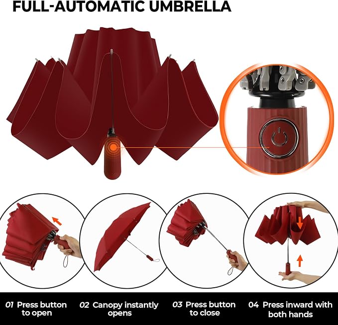 Compact Inverted Travel Umbrella, Automatic Open Close, 9-Rib 46 Inch Windproof - Image 5