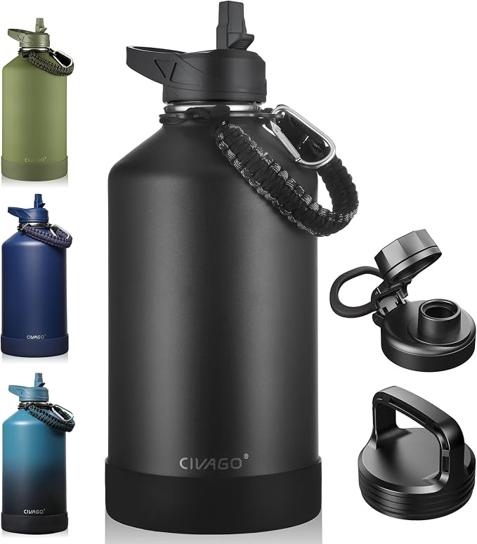 CIVAGO Gallon Insulated Water Bottle Jug with Straw, 128 oz Large Stainless Steel Water Flask, Big Metal Thermal Mug with 3 Lids for Sports, Travel, Gym, and Camping, Black by CIVAGO