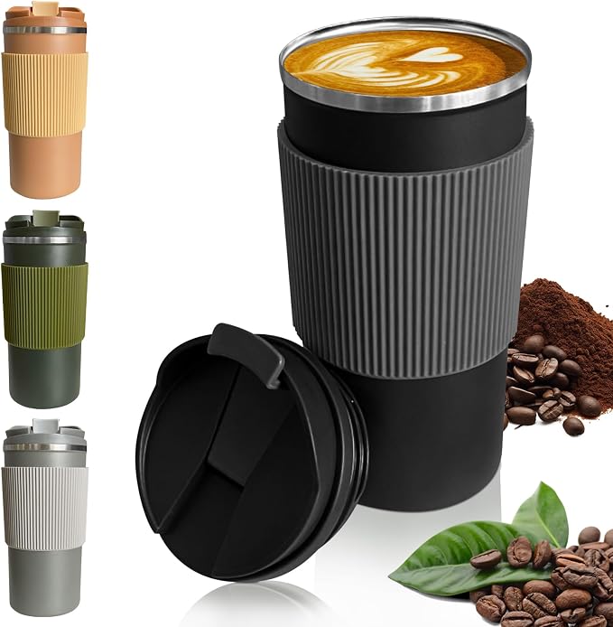 YINBAOGE Upgraded Insulated Travel Coffee Mug, Spill Proof & Leak Proof, Portable Camping Stainless Steel Tumbler, Reusable Thermal Coffee Cup with Lid for Hot & Cold Drinks (4th-Black, 15OZ) by YINBAOGE