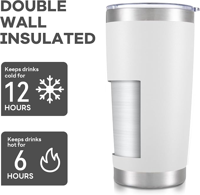 20 oz Tumbler with Lid Stainless Steel Insulated Tumblers Bulk Double Wall Vacuum Cups Powder Coated Travel Mug Keep Drink Cold and Hot, White, 8 Pack - Image 3