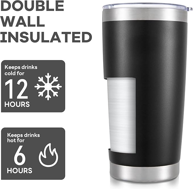 20 oz Tumbler with Lid Stainless Steel Insulated Tumblers Bulk Double Wall Vacuum Cups Powder Coated Travel Mug Keep Drink Cold and Hot, Black, 8 Pack - Image 3