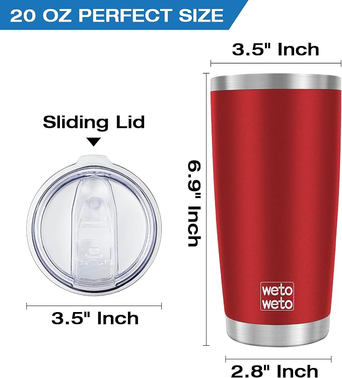 WETOWETO 20oz Tumbler, Stainless Steel Vacuum Insulated Water Coffee Tumbler Cup, Double Wall Powder Coated Leak-proof Travel Mug (Red, 1 Pack) - Image 3