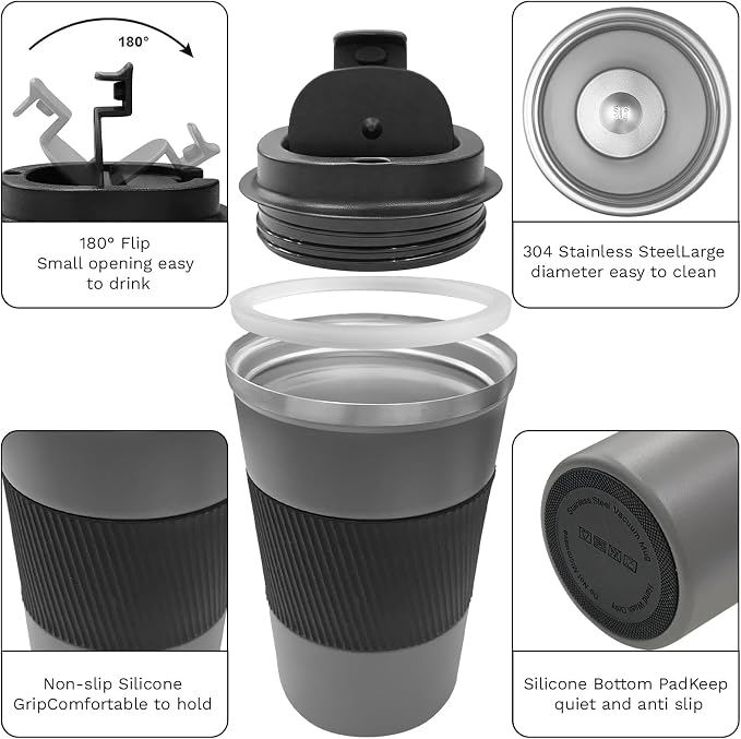 YINBAOGE Insulated Travel Coffee Mug, Spill & Leak Proof, Portable To Go Camping Stainless Steel Coffee Tumbler, Reusable Thermal Coffee Cup with Lid for Hot & Cold Drinks (Grey, 17 OZ) - Image 2