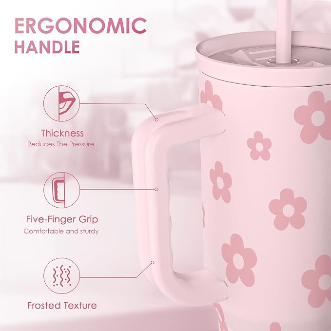 Floral Tumbler with Handle and Straw 40oz Stainless Sleel Slider Tumbler Travel Coffee Mug for Women - Gift Idea for Birthday Christmas - Image 3