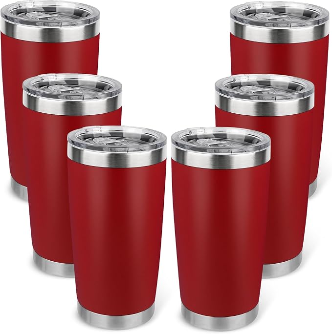 20oz Stainless Steel Tumbler Bulk with Lid, Travel Mug - Double Wall Vacuum Powder Coated Cup - Red, 6 Pack by Unknown