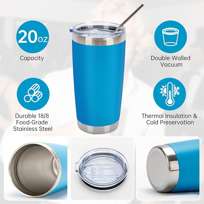 IEOVIEE 32 Pack, 20oz Stainless Steel Bulk Tumblers with Lids and Straws, Double Wall Insulated Travel Coffee Mug, Durable Powder Coated Tumbler Bulk Cup for Cold and Hot Drinks (Light Blue) - Image 5