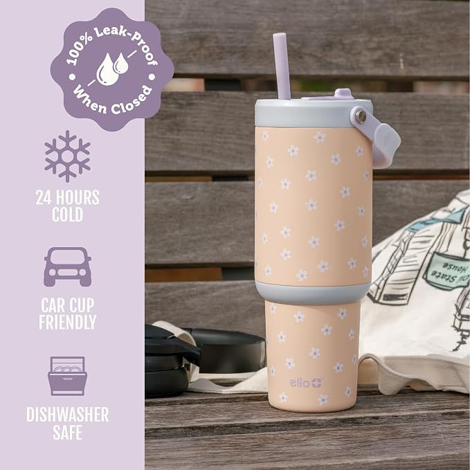 Ello Oasis Go+ 26oz Tumbler with Top Handle and Retracting Straw | Reusable Insulated Stainless Steel Cup, 100% Leakproof Water Bottle, 24 Hours Cold, Cup Holder Friendly For Travel | Daisies - Image 4