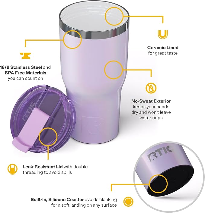 RTIC 30oz Essential Tumbler with Lid, Ceramic Lined, Insulated, Stainless Steel, Metal, Double Wall Vacuum-Insulation, Travel Cup for Iced Coffee, Tea, Hot and Cold Drink, Lavender Glitter - Image 4