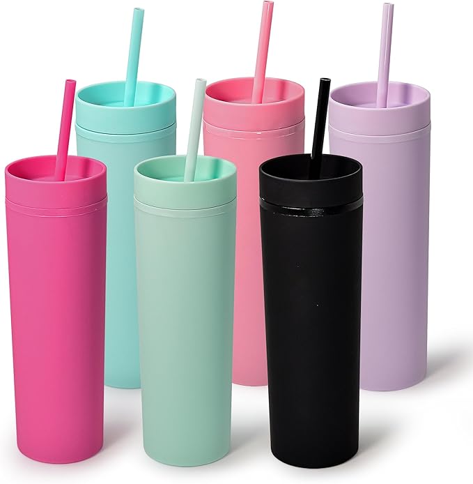 sweet grain Multicolor Skinny Tumblers with Lids and Straws(6 Pack) - 16oz Matte Pastel Colored Skinny Acrylic Tumblers, Double Wall Plastic Tall Skinny Tumblers Bulk for Cold Hot Drinks by sweetgrain
