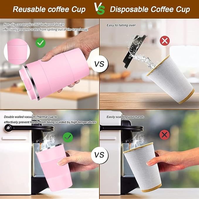 YINBAOGE Insulated Travel Coffee Mug, Spill & Leak Proof, Portable To Go Camping Stainless Steel Coffee Tumbler, Reusable Thermal Coffee Cup with Lid for Hot & Cold Drinks (Pink, 12 OZ) - Image 5