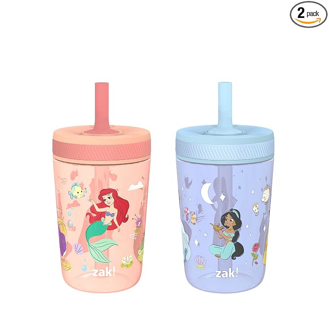 Zak Designs Disney Princess Kelso Toddler Cups For Travel or Home, 15oz 2-Pack Plastic Sippy Cups, Leak-Proof For Kids (Ariel, Aurora, Belle, Cinderella, Jasmine, Mulan, Rapunzel, Tiana) by ZakDesigns