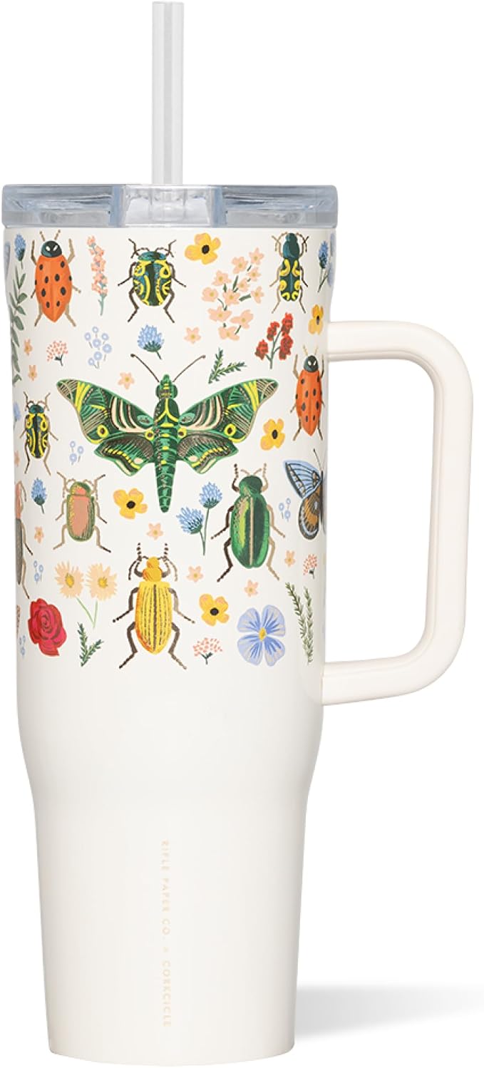 Corkcicle x Rifle Paper Co. Cruiser Insulated Tumbler with Handle & Straw - Keeps Drinks Cold 20 Hours - BPA-Free - Gift for Mom - Great for Mother's Day or Christmas - 40 oz - Curio Cream by Corkcicle