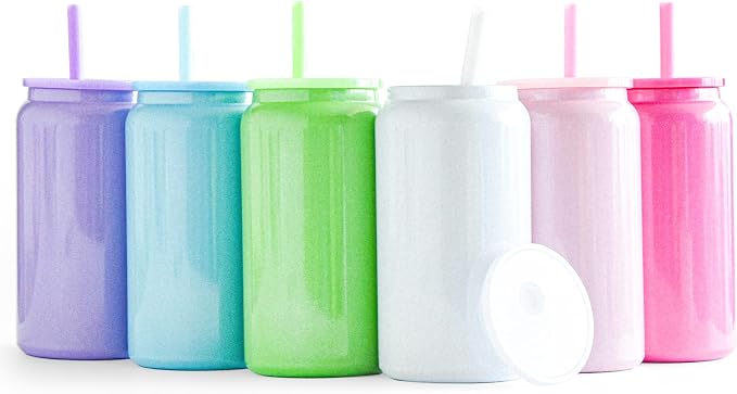 6 Pack Glass Cups with Lids and Straws Unbreakable 16 oz Stainless Steel Can Cup Double Wall Insulated Beer Can Tumbler for Iced Coffee, Juice, Soda, Iridescent-Colored by FECBK