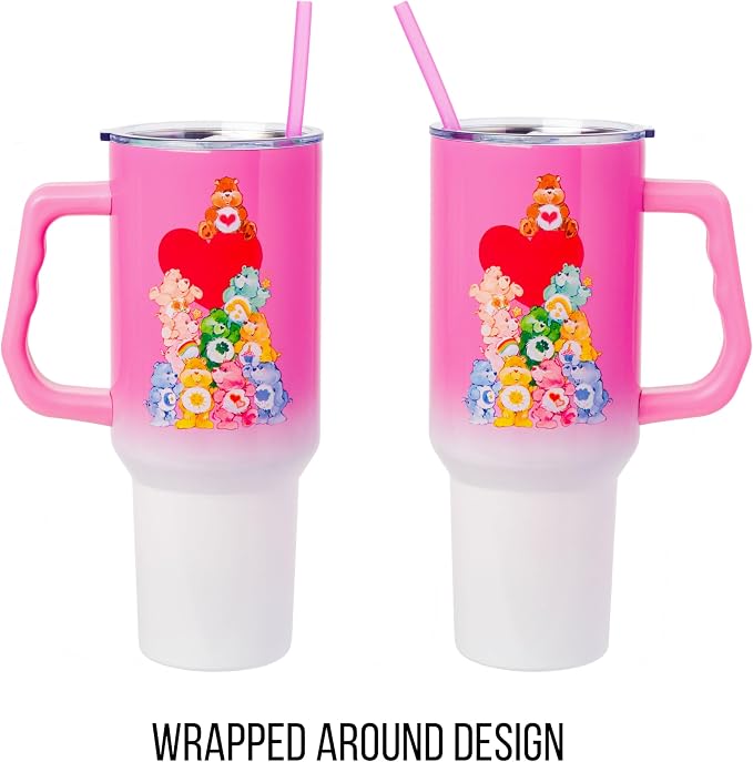 Silver Buffalo Care Bears Watercolor Heart Ombre Double Walled Stainless Steel Tumbler with Handle and Straw, Fits in Standard Cup Holder, 40 Ounces - Image 5