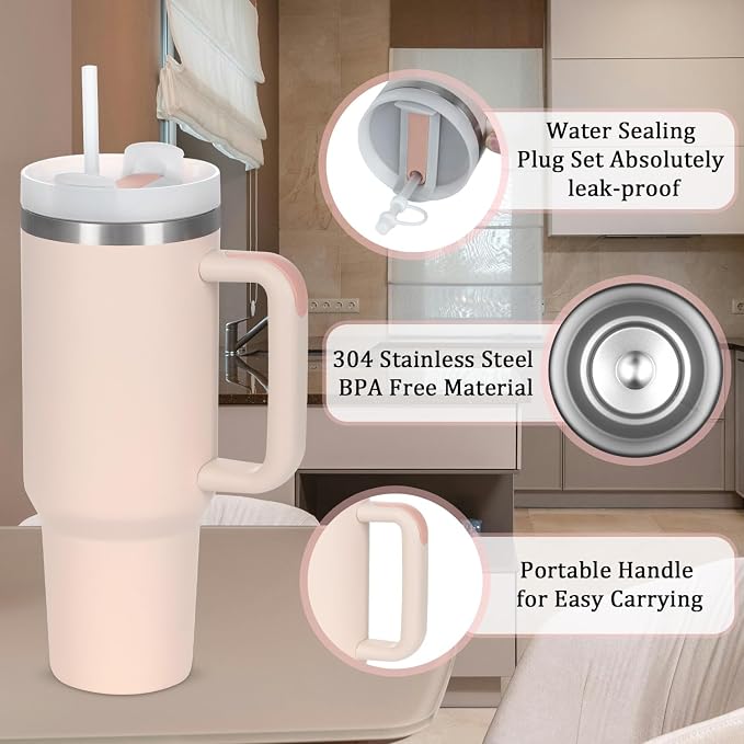 4 Pack 40 Oz Tumbler with Handle Bulk, Double Wall Vacuum Insulated Stainless Steel Tumbler with Lid and Straw, 40 oz cup with Silicone Spill Proof Stopper Set (Rose Quartz) - Image 4
