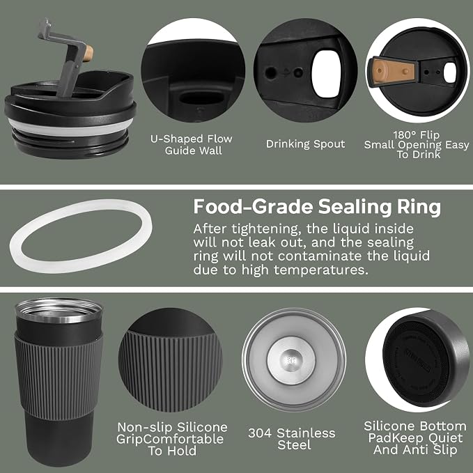 YINBAOGE Upgraded Insulated Travel Coffee Mug, Spill Proof & Leak Proof, Portable Camping Stainless Steel Tumbler, Reusable Thermal Coffee Cup with Lid for Hot & Cold Drinks (4th-Black, 15OZ) - Image 3