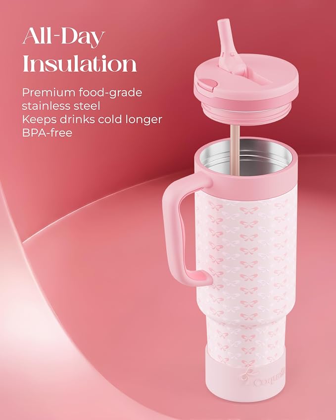 40 oz Insulated Tumbler with Handle and Push-Button Straw Lid, Stainless Steel Travel Cup for Gym Office, Leakproof, BPA-Free, Cup Holder Friendly, Bow Silicone Boot, Pink (Coquette Blush) - Image 4