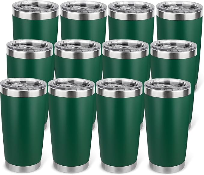 20oz Stainless Steel Tumbler Bulk with Lid, Travel Mug - Double Wall Vacuum Powder Coated Cup - Dark Green, 12 Pack by Unknown