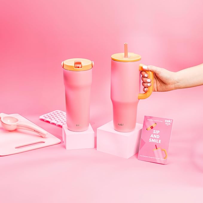 Zak Designs Sutton Travel Tumbler for On the Go, 40oz Stainless Steel with Vacuum Insulation, Silicone Straw, and Carry Handle for Cold Drinks (So Sweet Pink) - Image 10