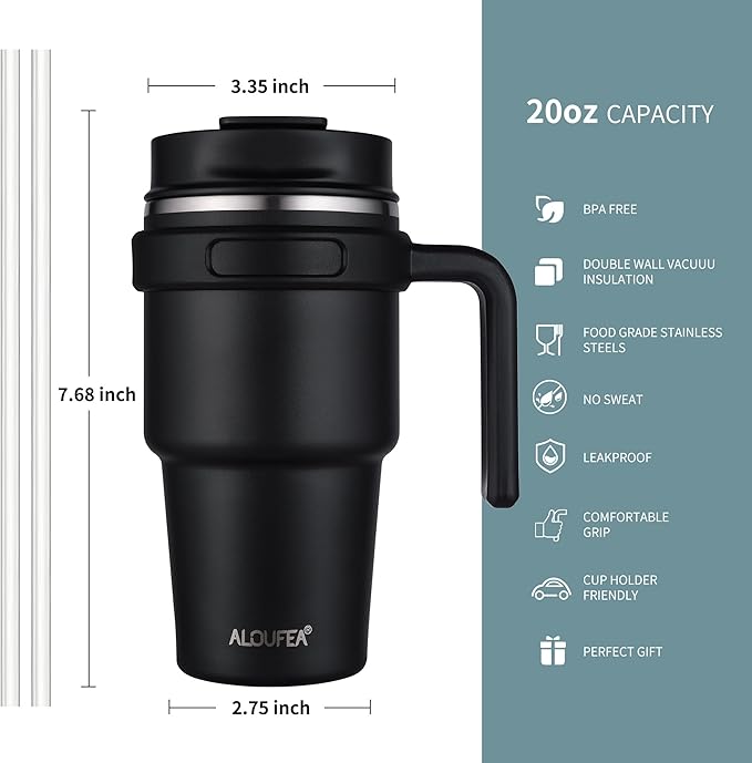 ALOUFEA 20 oz Insulated Coffee Mug Tumbler with Handle, Stainless Steel Travel Mug Tumbler with Lid and Straw,Double Wall Vacuum Leak Proof Ice Coffee Thermal Cup,Sage - Image 2
