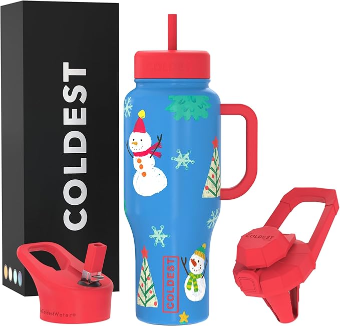 Coldest Tumbler with Handle and Straw, 100% Leak Proof Insulated Tumbler with Lid and Straw (3 Lids), Stainless Steel Tumblers for Women & Men, Cup Holder Friendly Base, 36 oz (Mr. Snowie) by Coldest