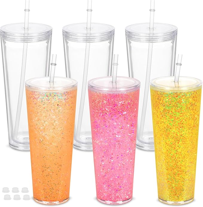 6 Pack 24Oz Snow Globe Tumblers, Double Wall Acrylic Snowglobe Cup with Pre Drilled Hole, Lids, Straws and Plug, Reusable Clear Plastic Tumbler for Snow Globe Glitter DIY by Micellwuu