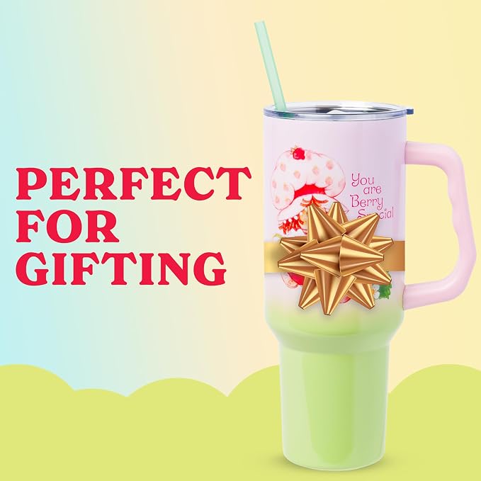 Silver Buffalo Strawberry Shortcake You Are Berry Special Vintage Pink and Green Ombre Double Walled Stainless Steel Tumbler with Handle and Straw, Fits in Standard Cup Holder, 40 Ounces - Image 6