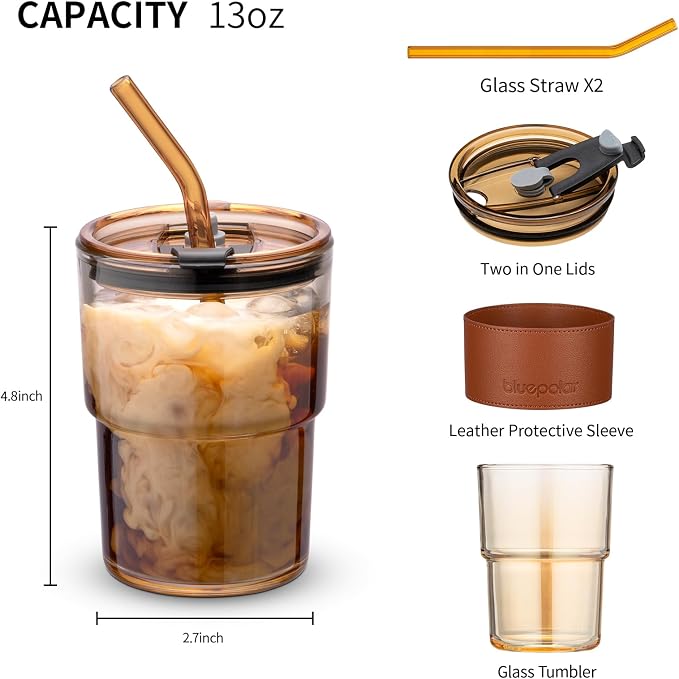 BLUEPOLAR 13oz/400ml Tumbler Water Glass, Cups with Straw and Lid Sealed Carry on for Coffee, Iced Tea, Thick Wall Insulated Glass Cup (Amberwith Protect Sleeve) - Image 2