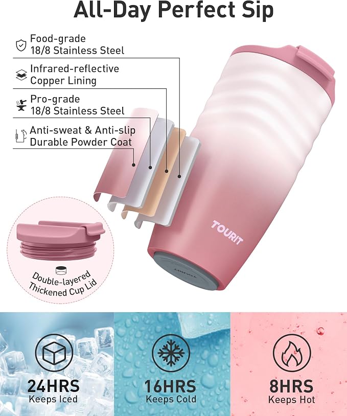 TOURIT 12 oz Travel Coffee Mug, Insulated Stainless Steel Travel Mug with Lid, Leak-Proof Double-Wall Vacuum Tumbler, Reusable Coffee Cup - Lilac - Image 2
