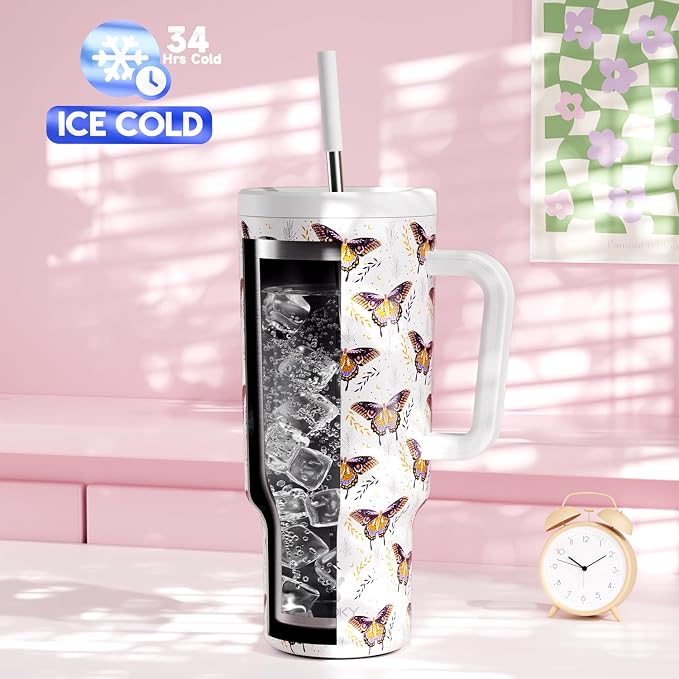 Meoky 40 oz Tumbler with Handle and Straw: Stainless Steel Insulated Tumbler with Lid and Straw - 100% Leak Proof Tumbler for Car Cup Holders - Travelers Commuters Workers, Flutterfly - Image 2