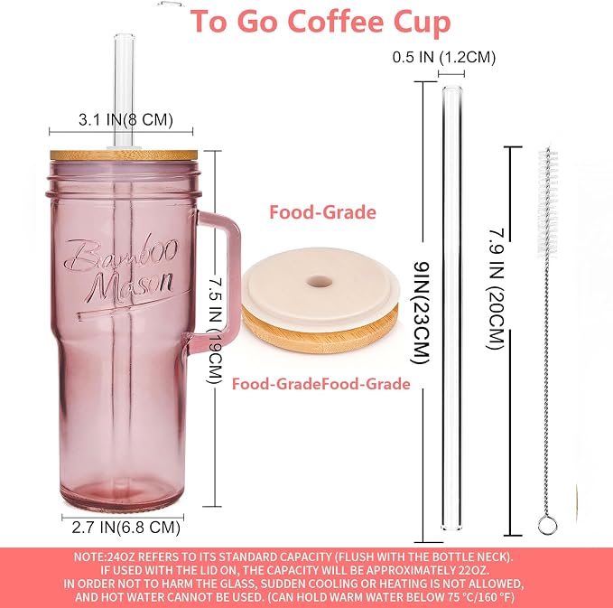 ANOTION Colored Glass Cups with Handle Set of 4, 24oz Glass Cups with Lids and Straws Travel Coffee Mug Bamboo Mason Jar Iced Cup Smoothie Tea Clear Cute Water Drinking Jars Glasses - Image 2